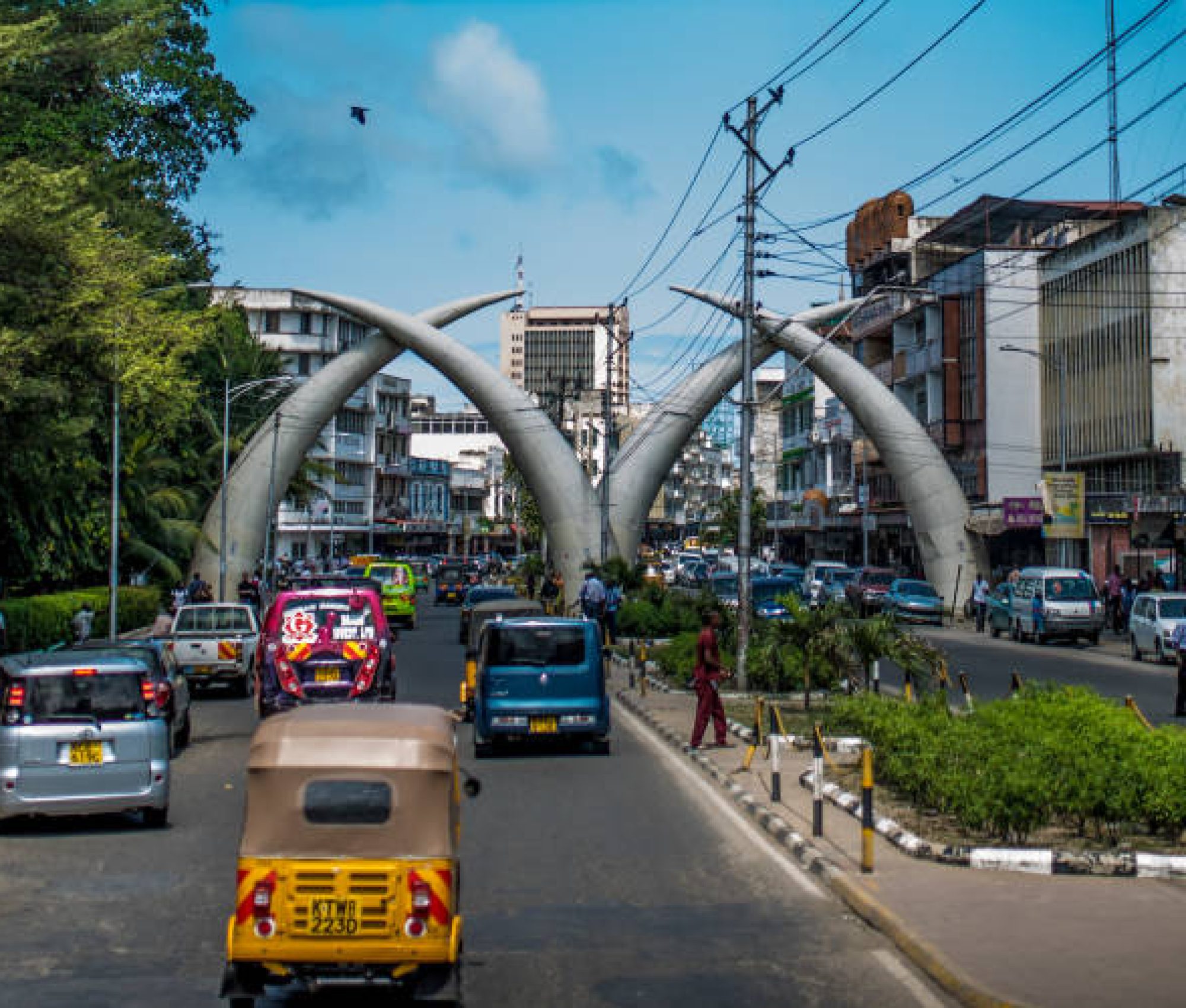 Mombasa, Kenya - September 27, 2016: The main street of Mombasa with the elephant punch memorial.